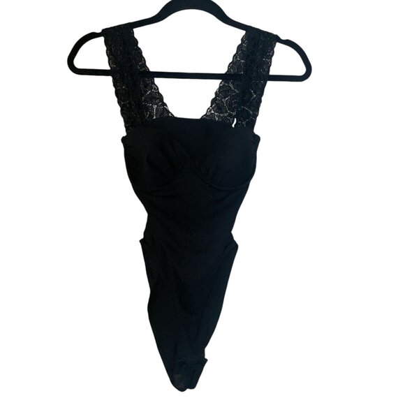 Vintage Gold Label Victorias Secret Black Lace-Trim Bodysuit Small - Picture 1 of 8